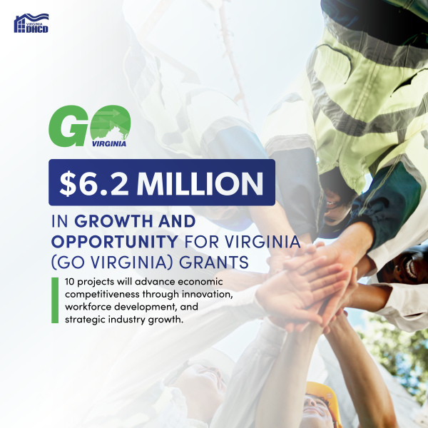 እንዲህ ሲል የሚነበብ ጽሑፍ፦ $6.2 ለVirginia (GO Virginia) ድጎማዎች በሚሊዮን የሚቆጠር እድገት እና ዕድል - 10 ፕሮጀክቶች በፈጠራ፣ በሰው ኃይልን በማጎልበት እና በስልታዊ የኢንዱስትሪ ዕድገት የኢኮኖሚ ተወዳዳሪነትን ያሻሽላሉ