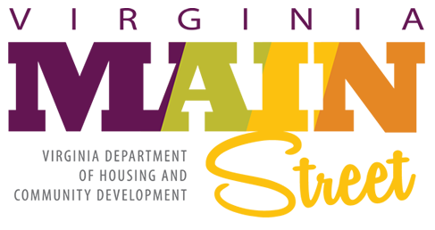 Virginia ዋና ጎዳና አርማ፣ እንዲህ ይነበባል፡- Virginia ዋና ጎዳና Virginia የቤቶች እና የማህበረሰብ ልማት መምሪያ በሐምራዊ፣ አረንጓዴ፣ ቢጫ እና ብርቱካናማ ቅርጸ-ቁምፊ